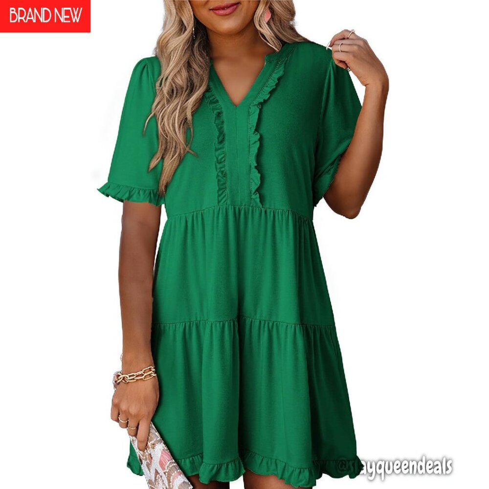 V-Neck Short Sleeve Empire Waist Flowy Mini Dress Casual Summer